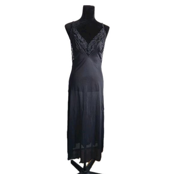 Vintage Women's Unbranded Black Nylon Lace Nightgown Slip Dress Black Size Small